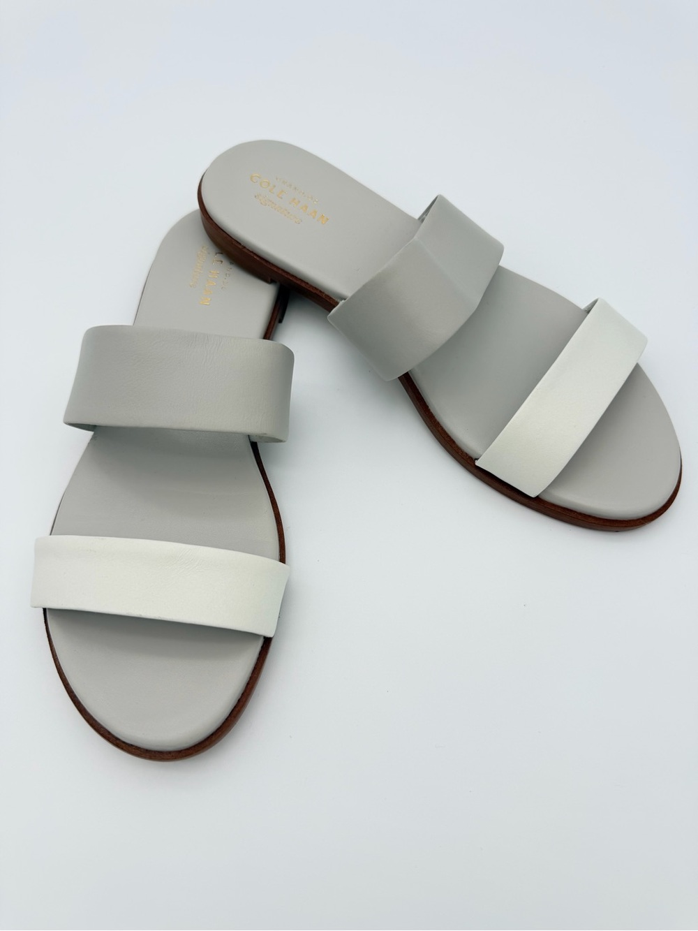 Cole Haan Grand Findra Slip-On Double Strap Sandals Light Gray and White 7.5